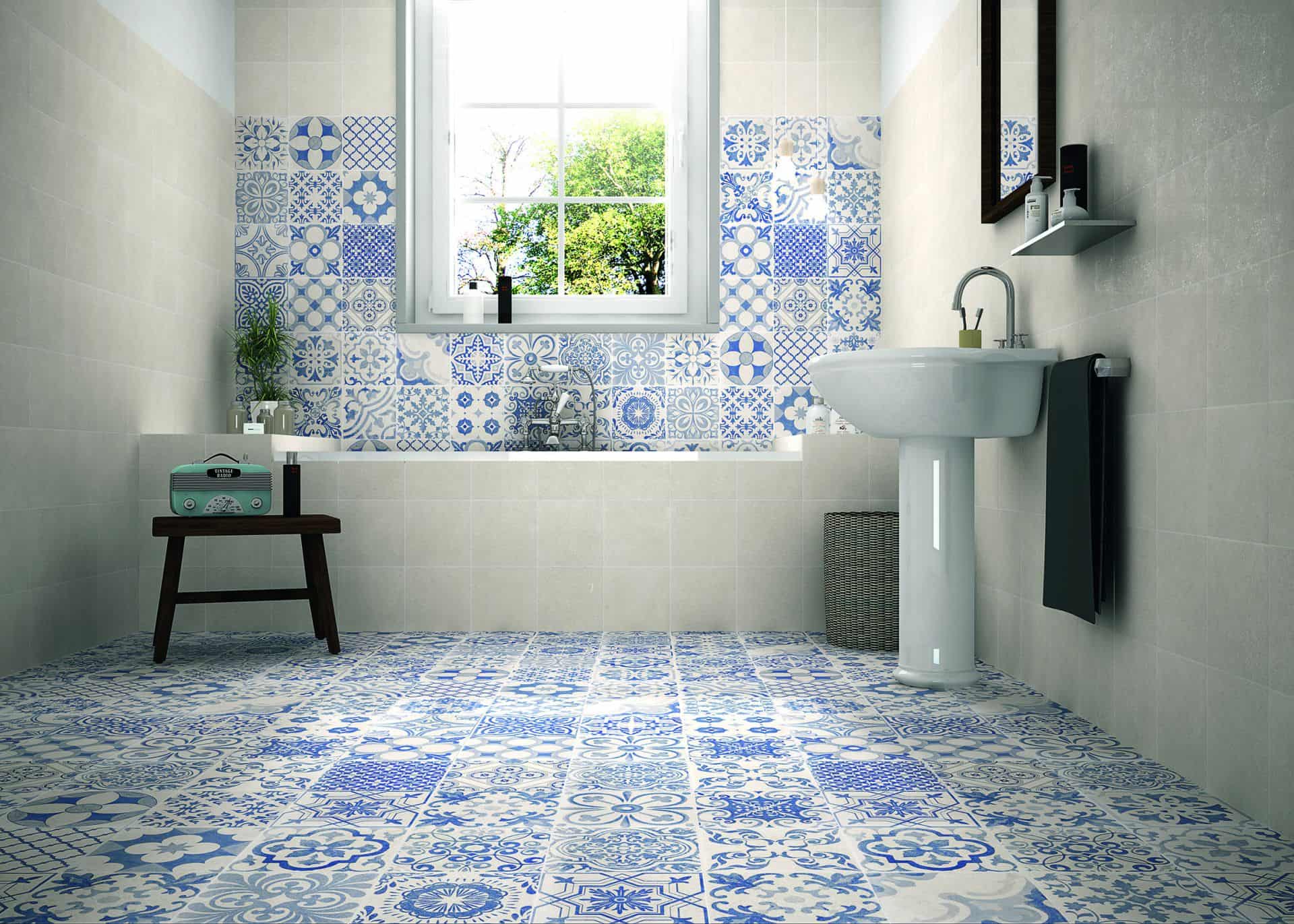 Bathroom Tiles in different blue prints 